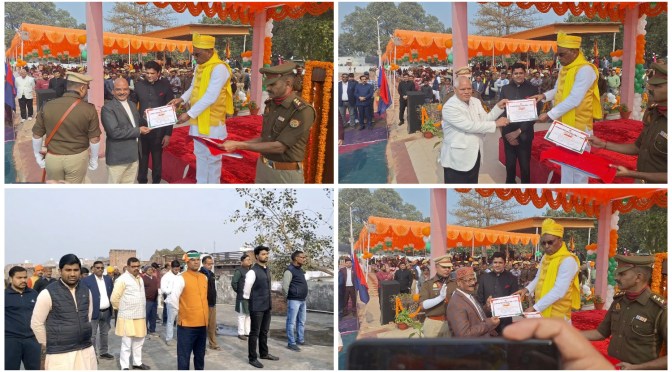 स्वयंसेवको ने किया तिरंगे को ध्वज प्रणाम, मंत्री ओपी राजभर ने किया सम्मानित